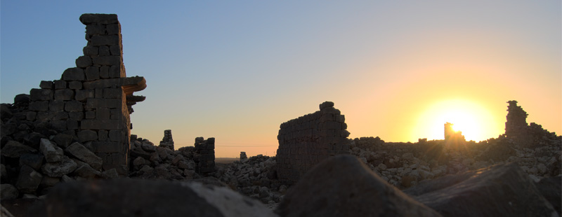 Main image: Sunset over tumbled basalt.